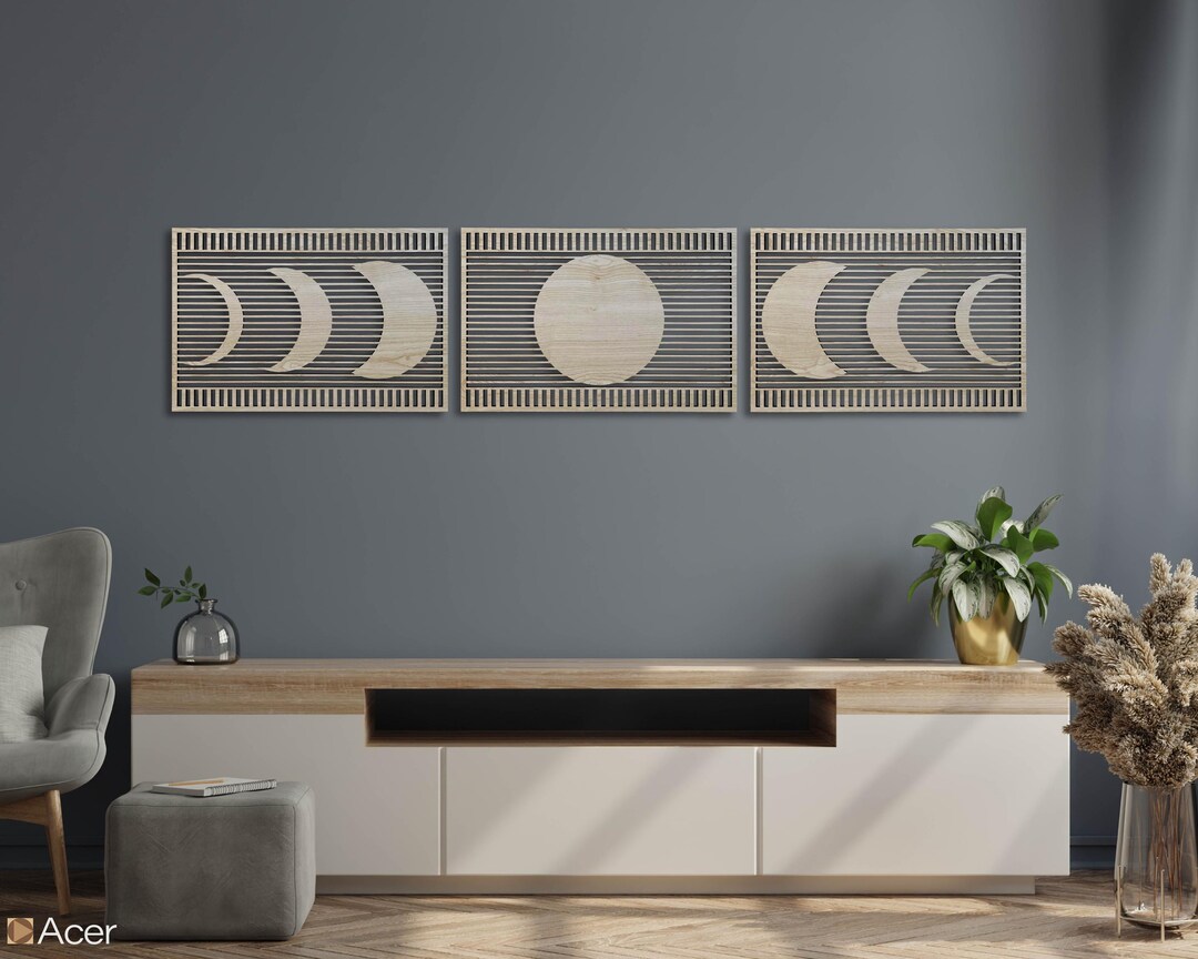 Boho Celestial Wood Wall Art, Rustic Moon Phases Wooden Wall Art ...