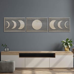 Boho Celestial Wood Wall Art, Rustic Moon Phases Wooden Wall Art, Crescent Moon Wood Wall Decor, Lunar Cycle Wall Panels, New Home Gift #67