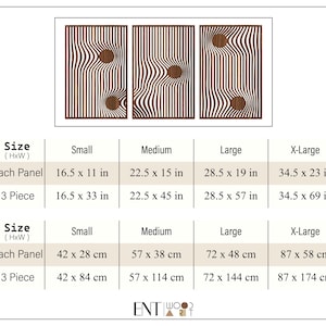 May include: Three wooden wall art panels with a wavy, striped pattern and a circular accent. Each panel measures 16.5 x 11 inches (small) to 34.5 x 23 inches (X-Large). The panels are a decorative element for home decor.