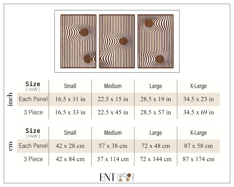 May include: Three wooden wall art panels with a wavy, striped pattern and a circular accent. Each panel measures 16.5 x 11 inches (small) to 34.5 x 23 inches (X-Large). The panels are a decorative element for home decor.
