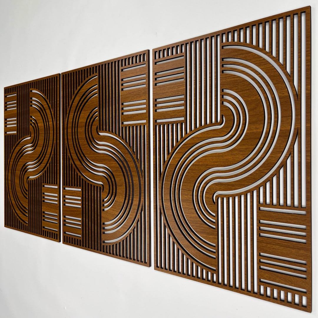 Abstract Retro Design Wood Wall Art Set of 3, Mid Century Curved Line ...