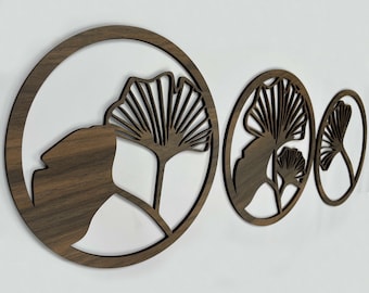 Ginkgo Holz Wandkunst Geschenk für zu Hause, 3er Set florale Holzwandkunst über dem Bett, Große botanische Holzwandkunst Ginkgoblatt