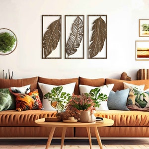 Tropical Leaves Wood Wall Art, 3 Panel Wood Wall Decor Over the Bed, Wooden Plant Artwork for Walls, Handmade Living Room Wall Art Gift 28 image 8