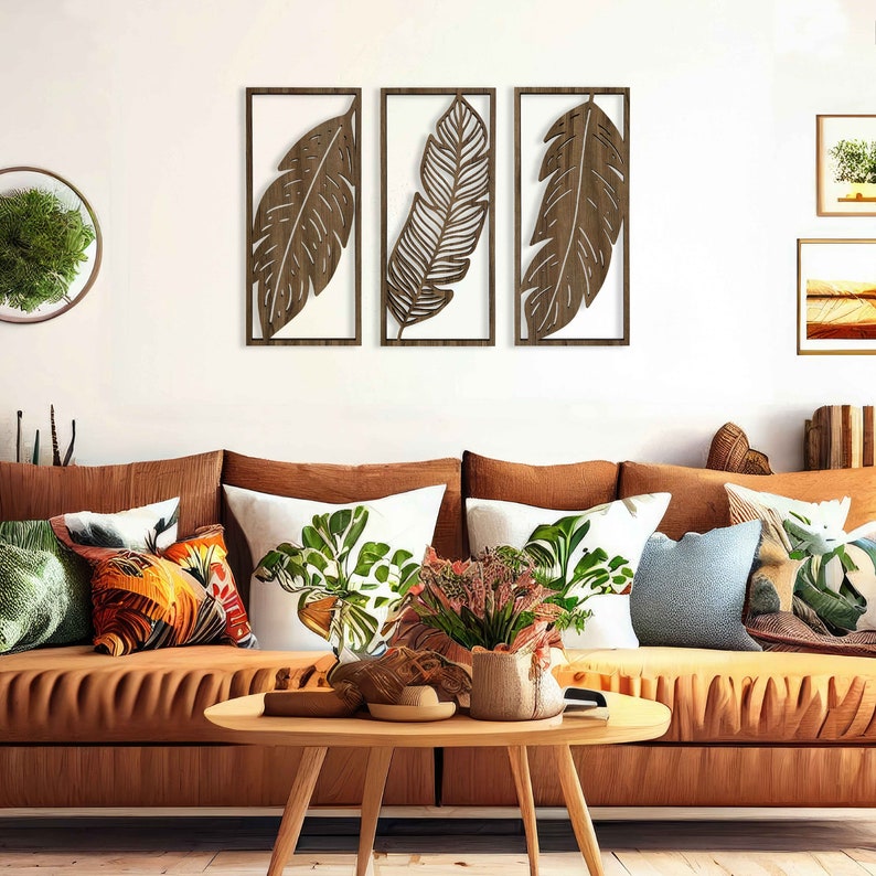 Tropical Leaves Wood Wall Art, 3 Panel Wood Wall Decor Over the Bed, Wooden Plant Artwork for Walls, Handmade Living Room Wall Art Gift 28 image 8