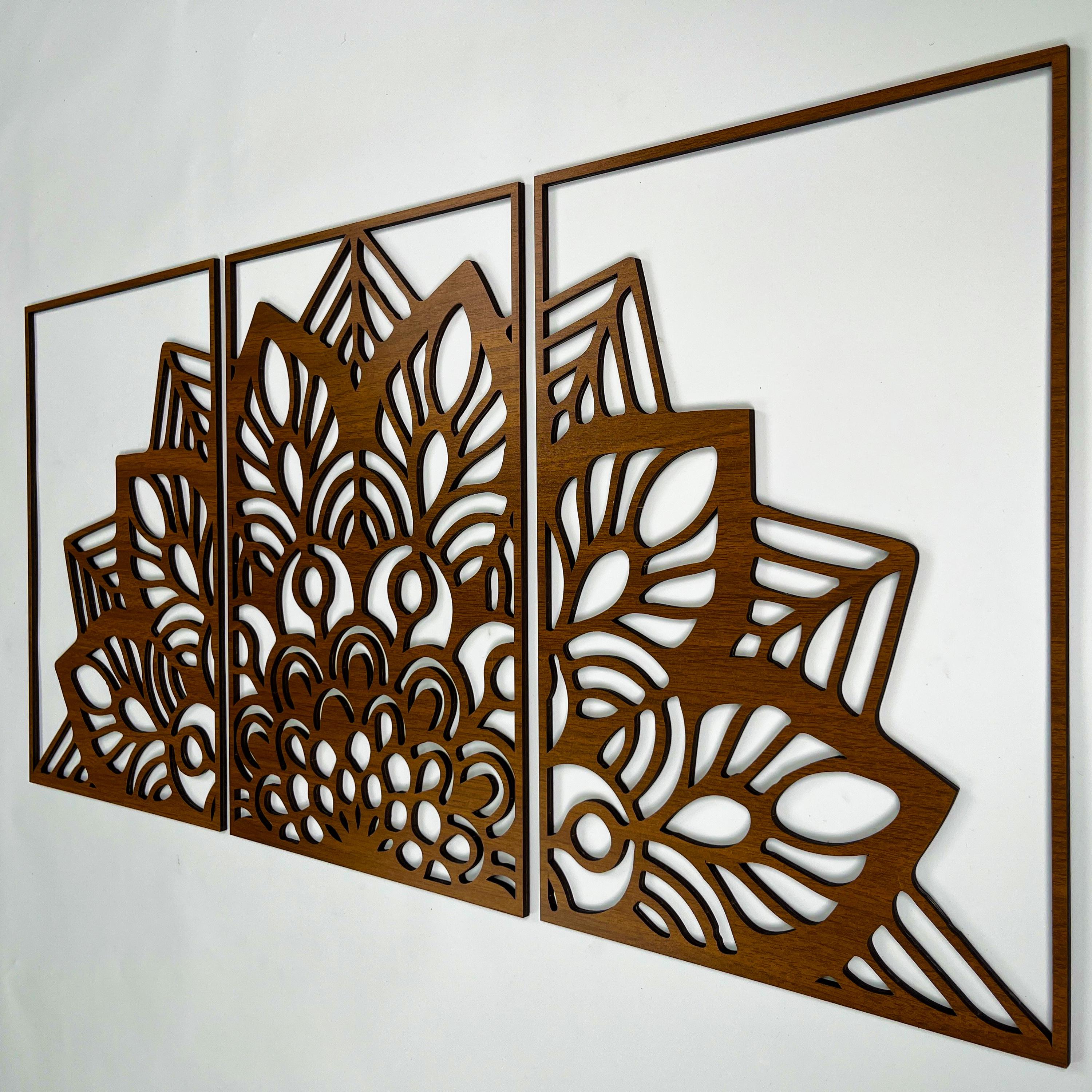 Sacred Lotus Mandala Wood Wall Art Triptych, Modern Zen Interior Wooden ...
