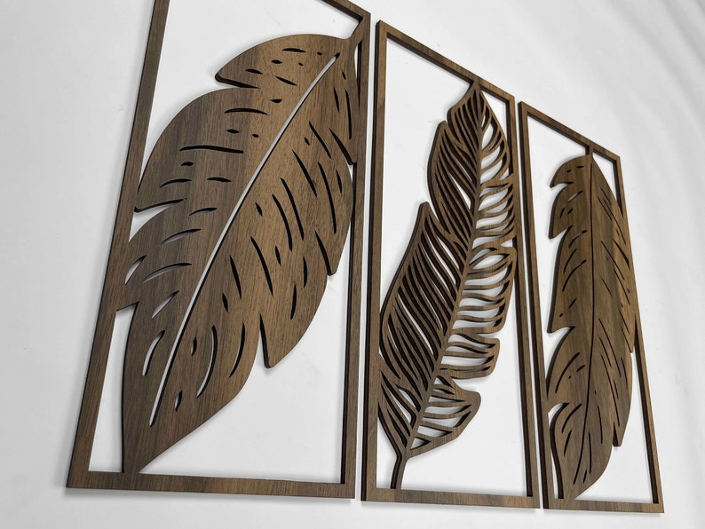 Tropical Leaves Wood Wall Art, 3 Panel Wood Wall Decor Over the Bed, Wooden Plant Artwork for Walls, Handmade Living Room Wall Art Gift 28 image 2