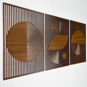 Boho Wood Wall Art Bauhaus Style, Abstract Wooden Wall Art, Large Mid Century Modern Decor, 3 Geometric Wood Wall Panel Set, Home Gift #54