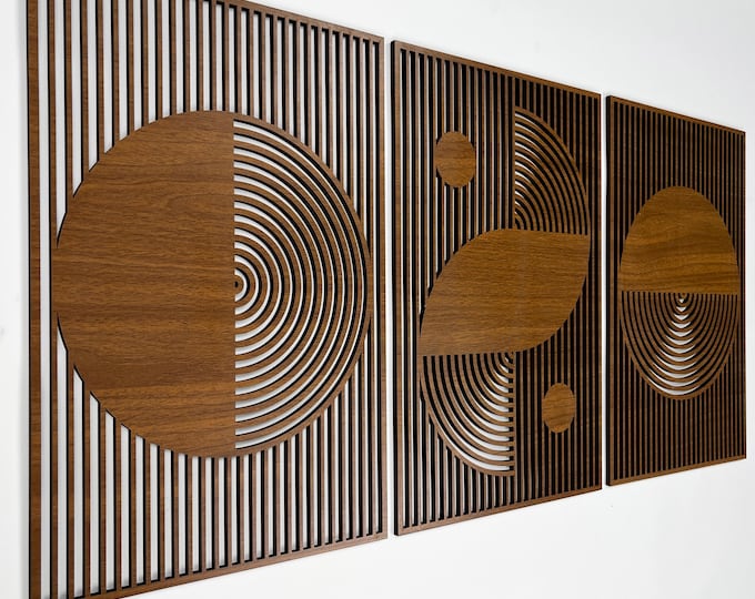 Boho Wand Kunst, Bauhaus-Stil, Abstrakte Holzwand Kunst, Großes Mid Century Modern Dekor, 3 Geometrische Holz Wand Set, Geschenk #54