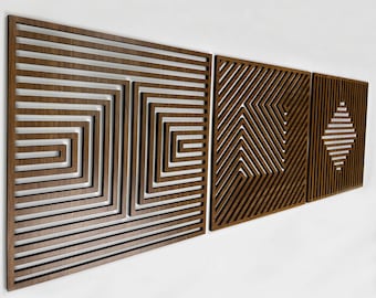 May include: Three wooden wall panels with geometric designs. The panels are made of dark brown wood and have a modern, minimalist style.