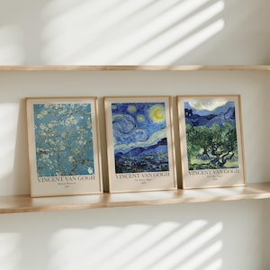Van Gogh Framed Prints Set of 3, The Starry Night, Almond Blossom, Olive Trees, Famous Paintings Wall Art for Living Room, Gallery Decor