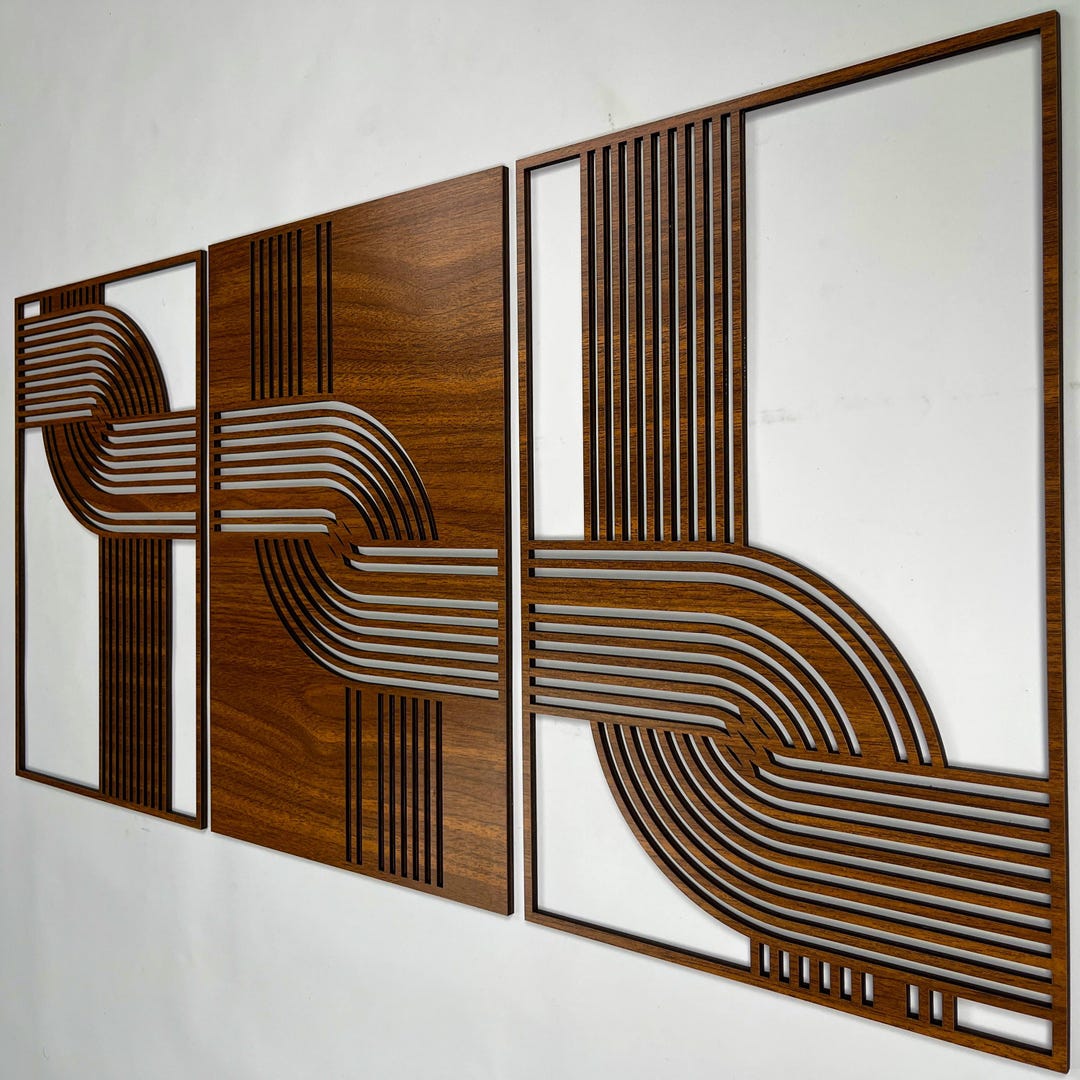 Abstract Wood Wall Art Set of 3, Geometric Curved Line Decorative ...