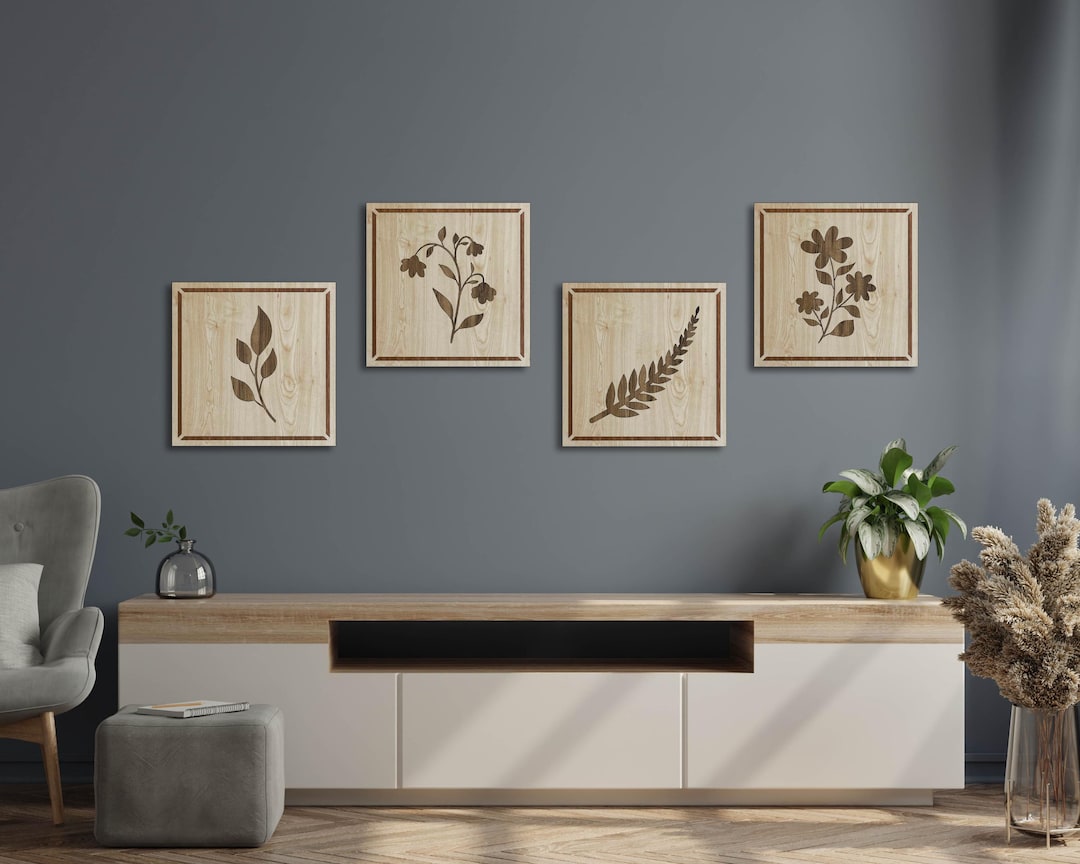 Rustic Botanical Wood Wall Decor Set of 4, Nature-inspired Decorative ...