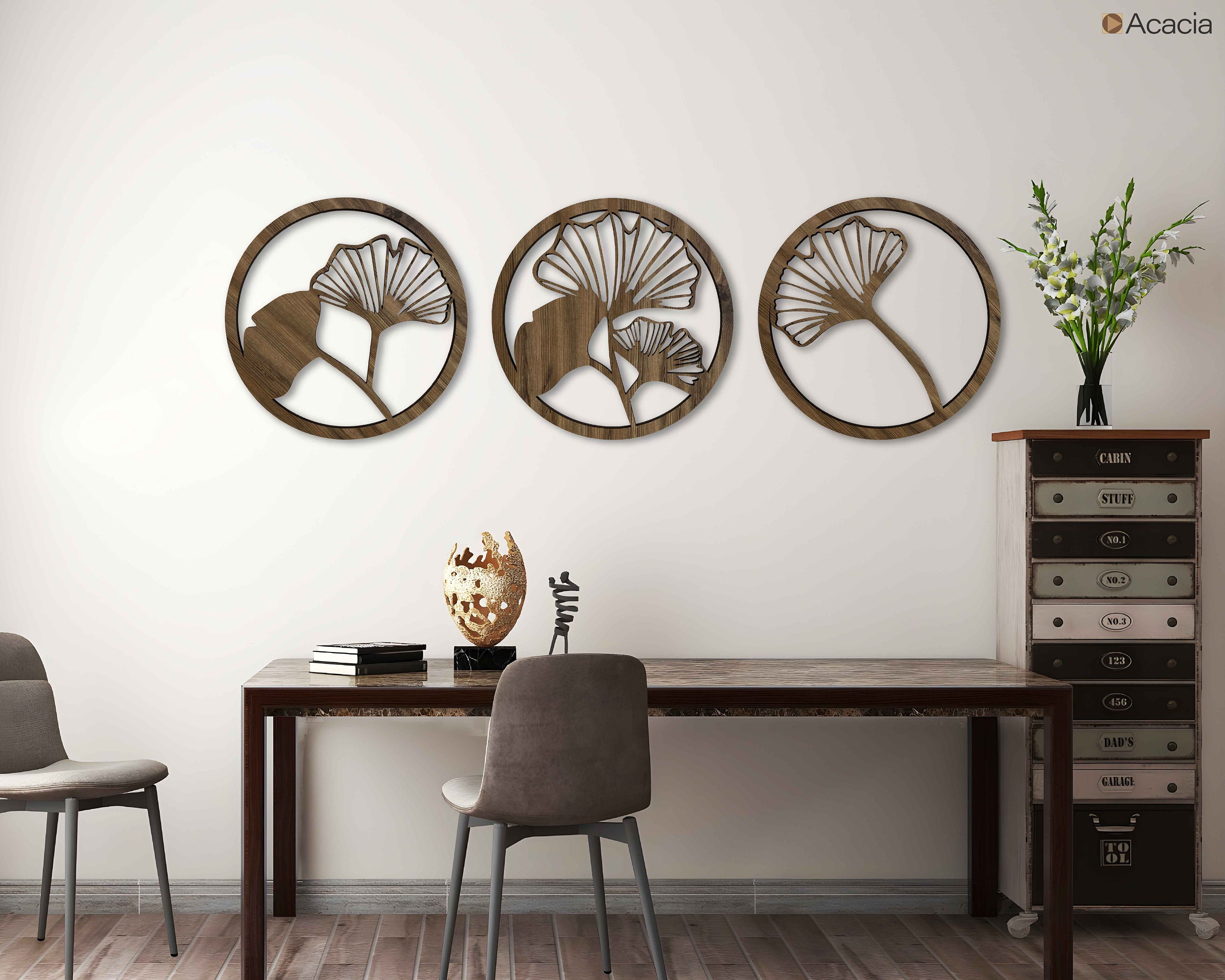 Ginkgo leaves wood wall art gift for the home, Set of 3 floral wood wall decor over the bed Large botanical wooden wall art of Ginkgo leaf