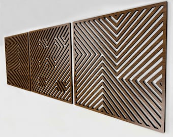 Abstract Wood Wall Art Modern, Geometric Wood Wall Decor Living Room, Set of 3 Large Wooden Wall Art, Aesthetic 3D Illusion Wood Wall Panels