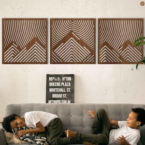Geometrische houten muurkunst berg, grote houten muur kunst van berg houten muur decor boven het bed 3-delige berg kunst aan de muur cadeau voor thuis