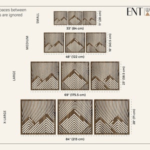 May include: A set of four wood wall art pieces with a mountain and sun design. The pieces are available in five sizes: 11 inches, 16 inches, 23 inches, 28 inches, and 33 inches. The spaces between the pieces are not included in the measurements.