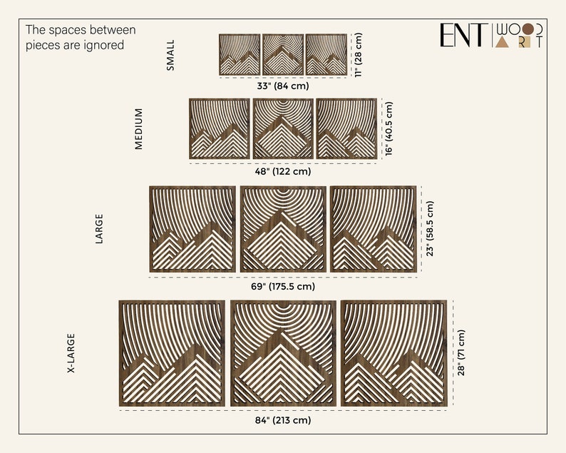 May include: A set of four wood wall art pieces with a mountain and sun design. The pieces are available in five sizes: 11 inches, 16 inches, 23 inches, 28 inches, and 33 inches. The spaces between the pieces are not included in the measurements.