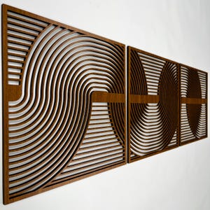 Abstrakcyjna sztuka ścienna z drewna z zakrzywionymi liniami, duży panel ścienny w stylu mid-century modern, zestaw 3 ozdób ściennych w stylu boho, skandynawski prezent do domu nr 112