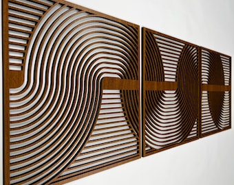 Abstrakte Holz Wandkunst mit geschwungenem Linienmuster, modernes großes Wandbild aus der Mitte des Jahrhunderts, Boho Deko Wandbehang #112