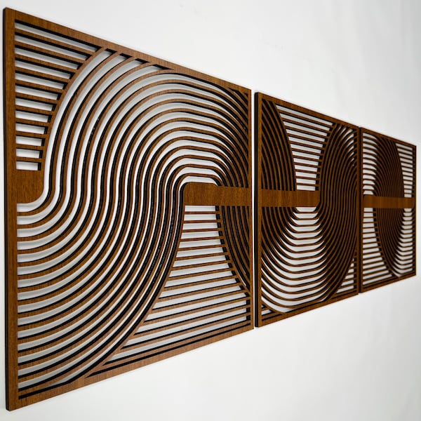 Abstract Wood Wall Art of Curved Line Pattern, Mid Century Modern Large Wall Panel, Boho Set of 3 Wall Hangings, Scandinavian Home Gift #112