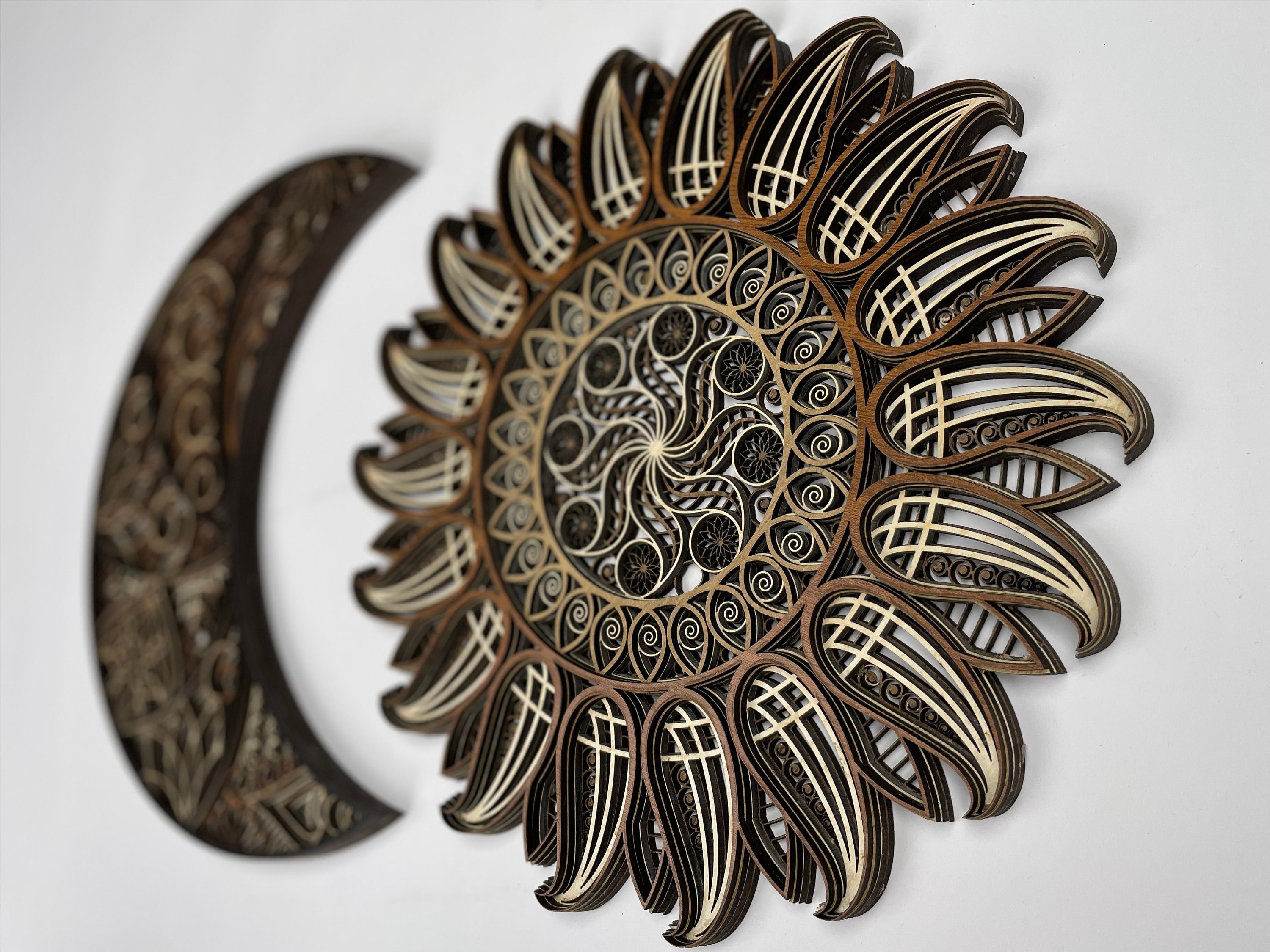 Sun and Moon Wood Wall Art Decor, 3D Sun and Moon Mandala Wall Art ...