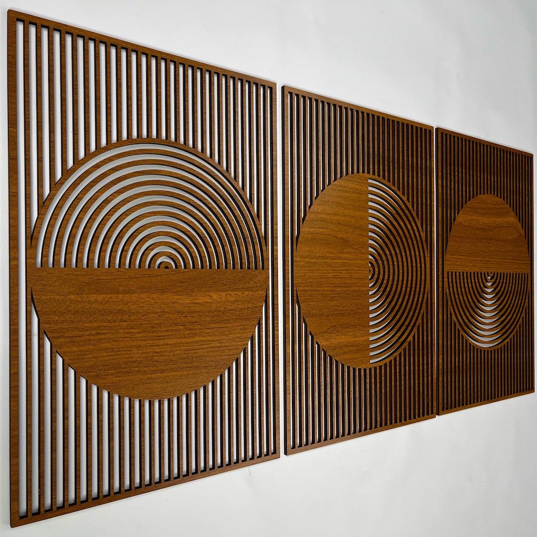 Mid Century Modern Geometric Wood Wall Art Set, Scandinavian Circle ...