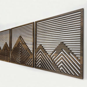 Mountain with lines panel wood wall art Geometric mountain wood wall decor over the bed Set of 3 large wooden wall art Modern new home gift
