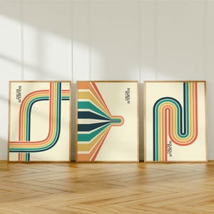 Juego de 3 impresiones de arte mural retro Bauhaus, decoración del hogar inspirada en los años 70, arte lineal vintage minimalista en tonos cálidos, decoración de estilo moderno de mediados de siglo.