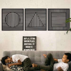 Wood Wall Art of Geometric Shapes, Sol LeWitt Style Geometric Wall Art, Art Deco Wooden Wall Art, 3 Wood Wall Panels, New Office Wall Art