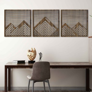 Mountain with Lines Wood Wall Art, Geometric Mountain Wood Wall Decor Over the Bed, Set of 3 Large Wooden Wall Art Modern, New Home Gift