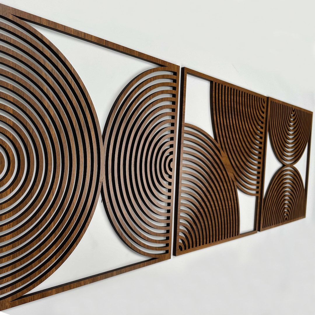 Mid Century Modern Wood Wall Art, Large Wood Wall Art With Midcentury Modern Style, Set of 3