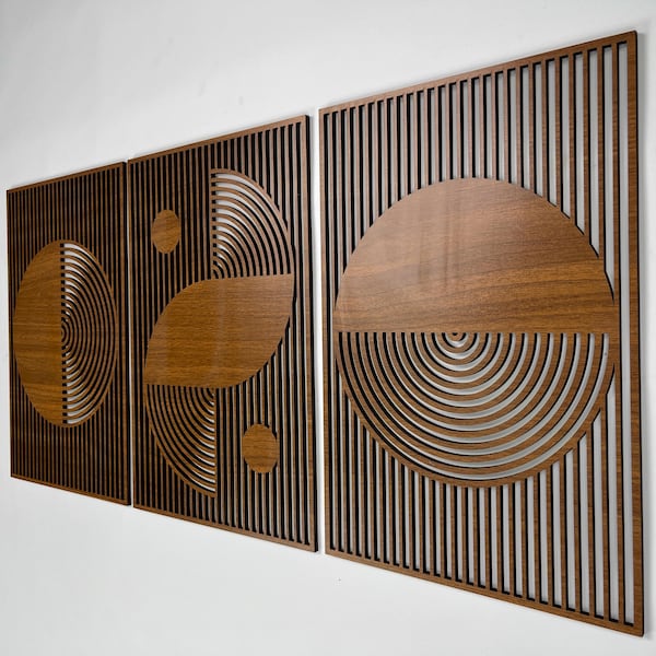 Abstract Boho Wood Wall Art, Bauhaus Inspired Geometric Design, Mid Century Modern Wall Decor, 3 Panel Wooden Set, Statement Home Gift #54