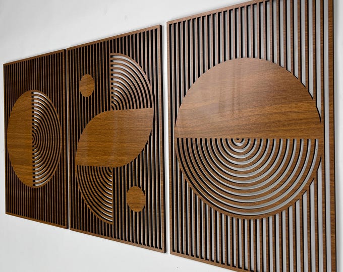 Abstract Boho Wood Wall Art, Bauhaus Inspired Geometric Design, Mid Century Modern Wall Decor, 3 Panel Wooden Set, Statement Home Gift #54