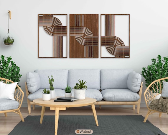 Mid-century Modern Wooden Triptych Set, Abstract Curved Line Wood