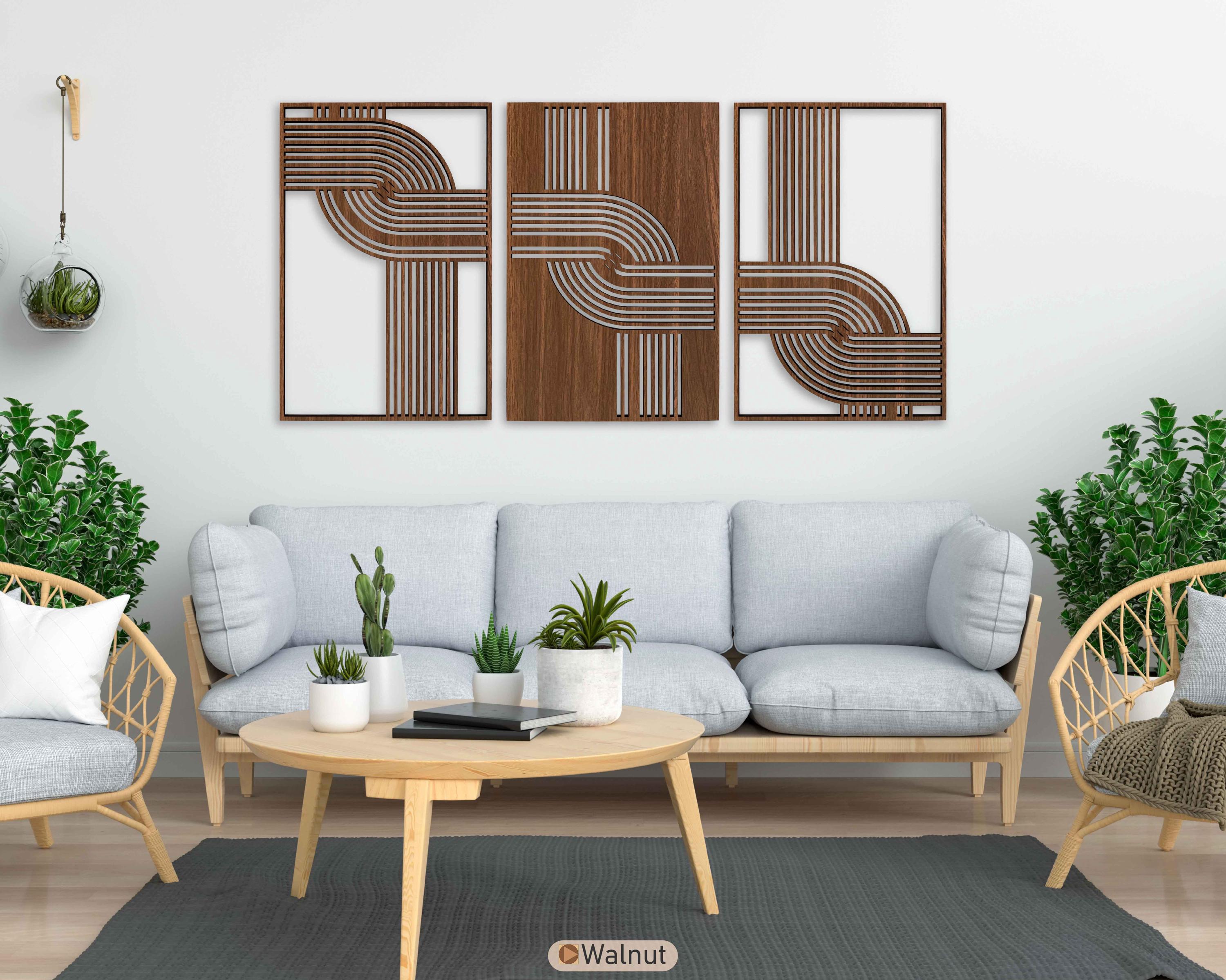 Mid-century Modern Wooden Triptych Set, Abstract Curved Line Wood