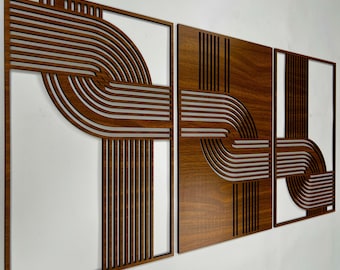 Mid-Century Modern Holz Triptychon Set, abstrakte geschwungene Linie Holz Wandkunst, große Boho Wohnzimmer minimalistische Wandpaneele, neues Zuhause Geschenk #89