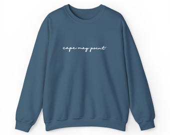 cape may point embroidered sweatshirt | script, coastal minimalist white font