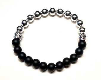 Beaded Bracelet | Gemstone Bracelet | Minimalist|  Handmade | Gift for Her | Gift for Him | Black Onyx Gemstone | Silver Plate Hematite