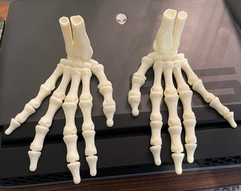 May include: Two off-white, articulated skeleton hands are displayed. The hands are positioned with the fingers slightly curved, showcasing the detailed bone structure. The hands are likely a decorative or educational item.