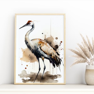 Crane Watercolor Print, Crane Digital Wall Art, AI Generated Art | PRINTABLE Digital Wall Art | Original Wall Art | Home Decor