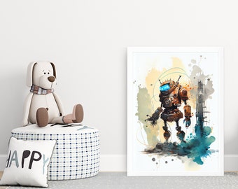 A Robot Watercolor Print, Nursery Wall Art,  PRINTABLE Digital Wall Art, Original Wall Art Home Decor