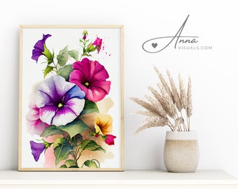 Colorful Petunias Flower Poster, Watercolor Flower Painting, PRINTABLE Digital Wall Art, Livingroom Décor