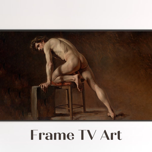 Samsung Frame TV Art 4K | Vintage Nude Painting - Nude Male Leaning On A Chair | Instant Download | Art for Frame TV 4K