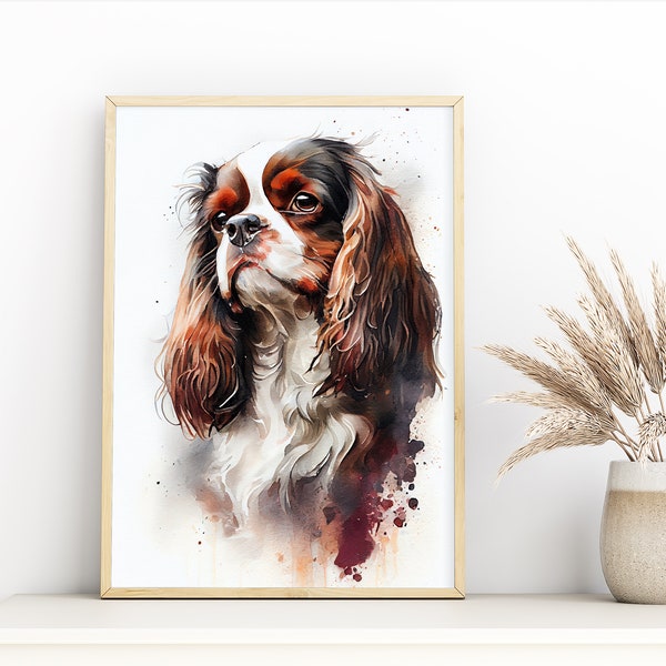 Aquarelle Cavalier King Charles Spaniel, Art mural numérique chiens | Art mural numérique imprimable | Art mural original