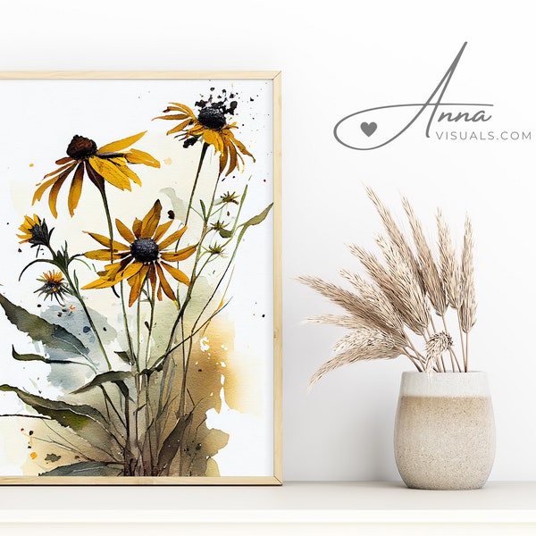 Black-Eyed Susans Flower Poster, Watercolor Flower Painting, PRINTABLE Digital Wall Art, Livingroom Décor