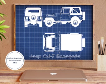 Jeep Renegate CJ-7 Blueprint, Jeep CJ7 Blueprint, Digital Download, Car Enthusiast Gift. Garage Art. Workshop Art, Gift for Mechanics