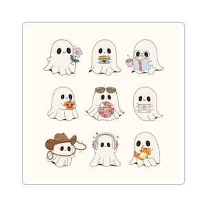 Ghostly Kiss-Cut Stickers - Funny Cute Ghosts Holding Things, Halloween Stickers, Laptop Decals, Spooky Decoration, Scrapbooking Supplies,