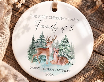 Personalized Family of 3 Christmas Ornament: New Baby Keepsake Deer Design