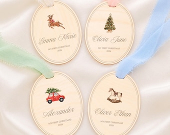My First Christmas Ornament: Custom Baby Name Wooden Ornament Vintage Style