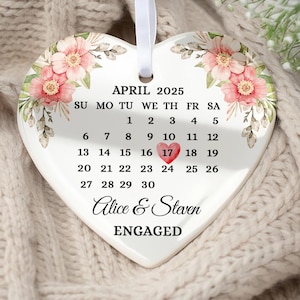 Engagement Calendar Ornament, Engagement Announcement Ornament, Personalized Names Engaged Couple Ceramic Ornament, Bride to Be Ornament